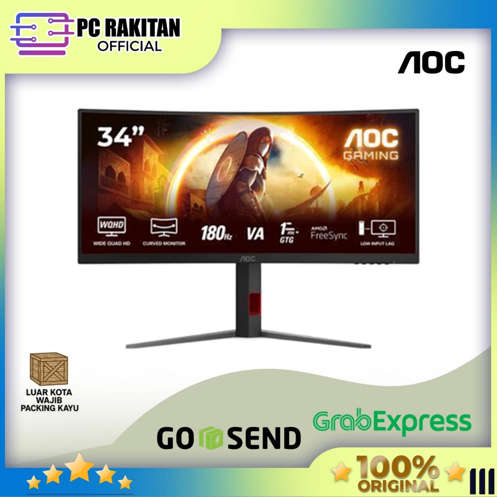 AOC CURVED GAMING MONITOR 34 INCH 1500R FAST VA 2K WQHD 1440P 1MS 180HZ CU34G4 HDR10 HDMI+DP 3Y ERGO