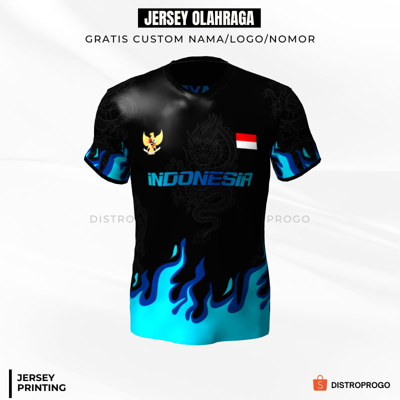 Kaos Jersey Futsal Hitam Biru Motif Naga Api 445