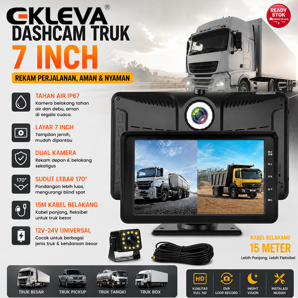 EKLEVA Dashcam Mobil Truk 7 Inch AHD 1080P Dual Kamera Night Vision Monitor Parkir 24 Jam Deteksi Ge