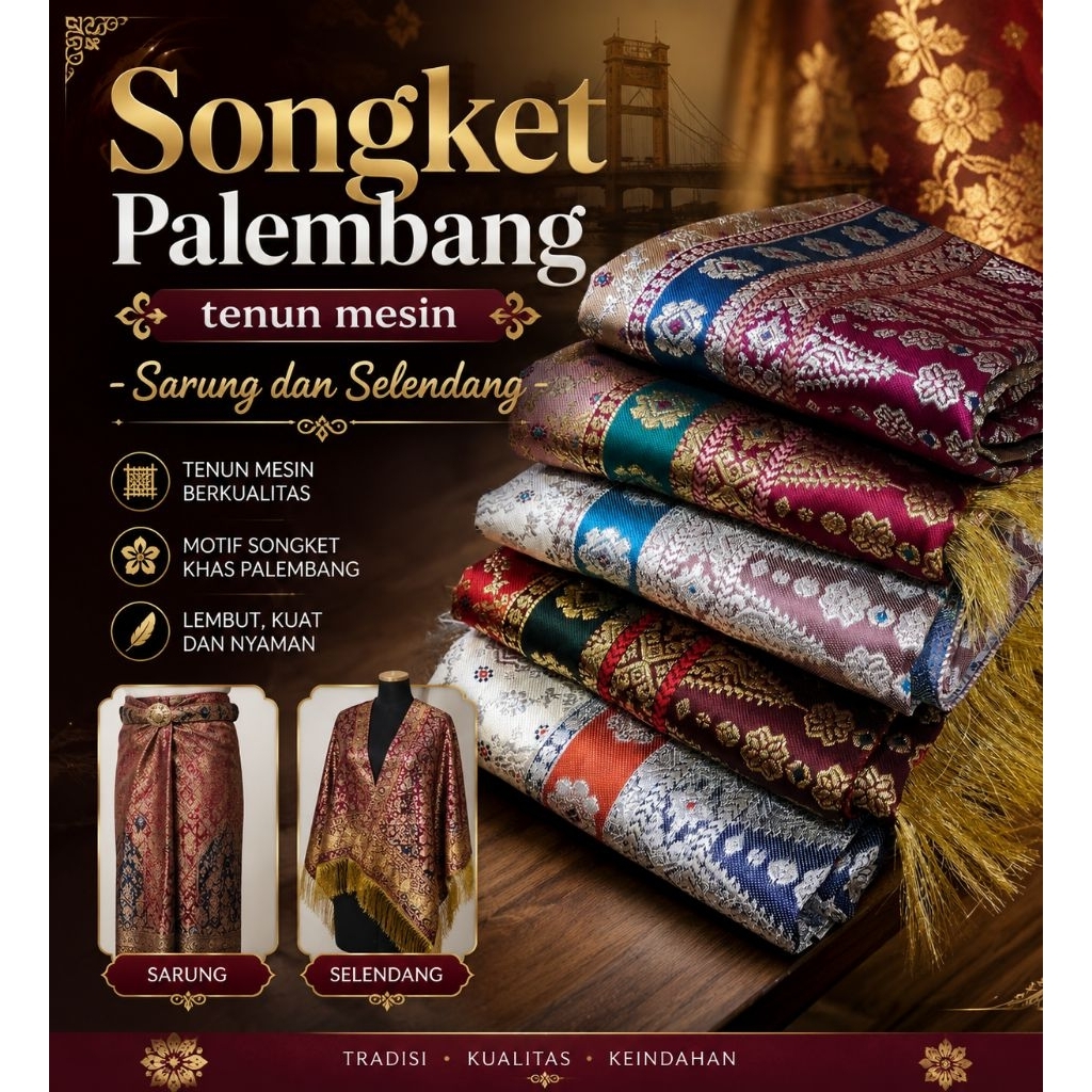 Kain Songket Palembang , 1 set sarung selendsng, kualitas Premium, tenun mesin ATBM