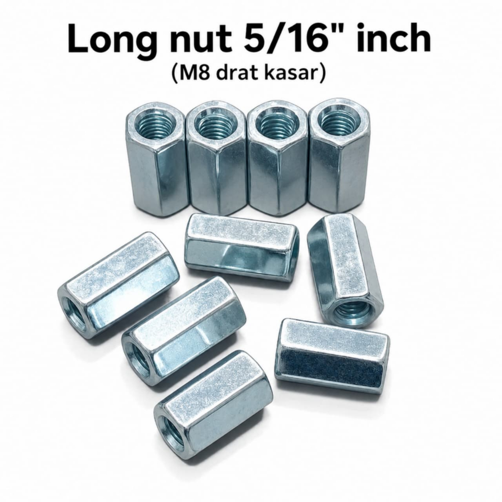 Long nut 5/16" inch (m8 drat kasar)  (mur panjang untuk sambungan) besi galvanis , panjang full 3 cm