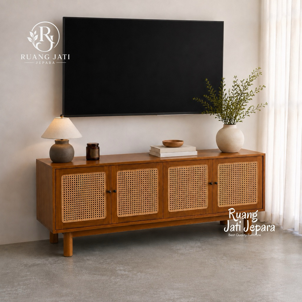 Meja TV Minimalis Modern | Bufet TV Jati Panjang 150cm | Lemari TV Rotan Aesthetic | Buffet TV Kayu 