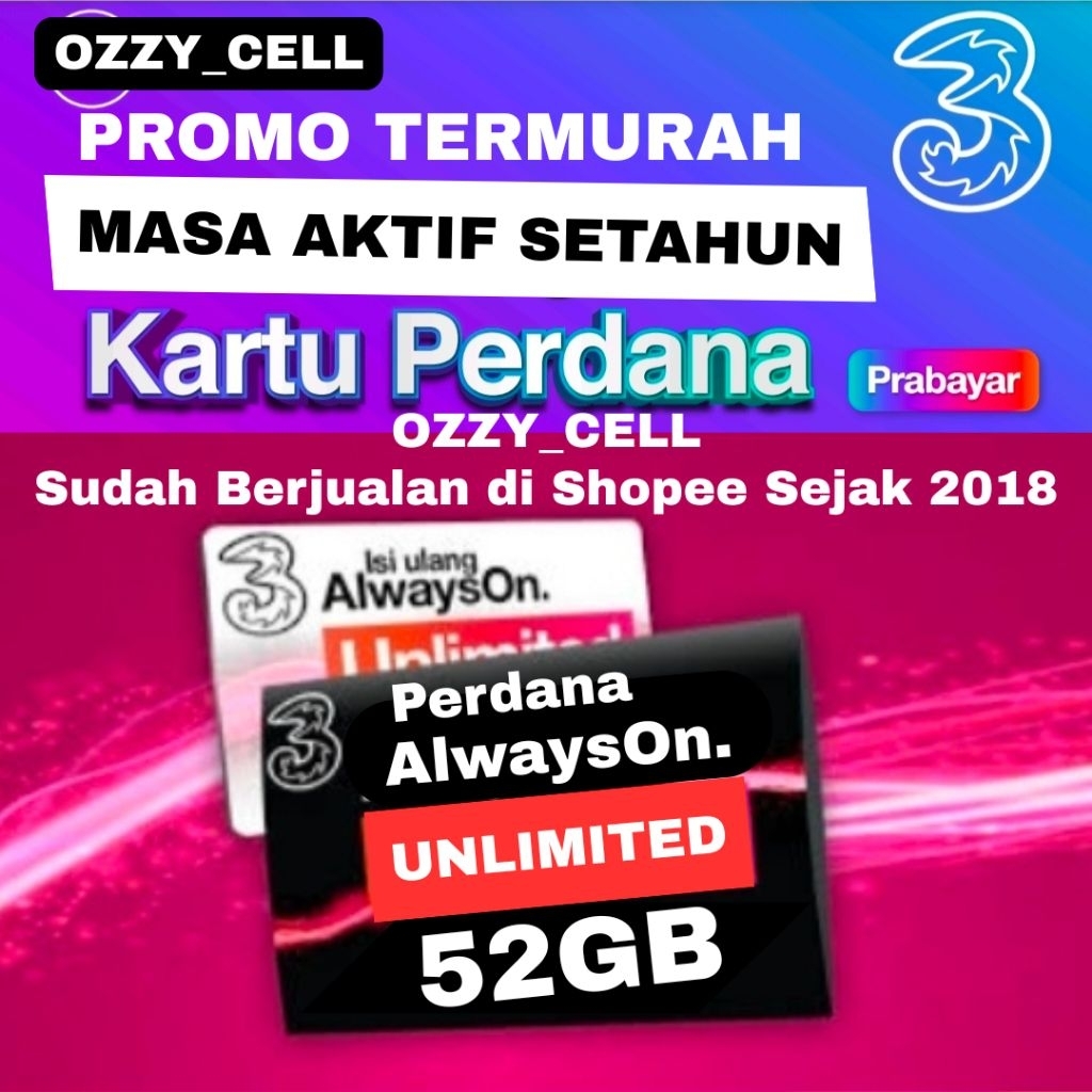 Kartu Perdana Tri Aon 52GB Prabayar 4G 5G | Masa Aktif Setahun PROMO