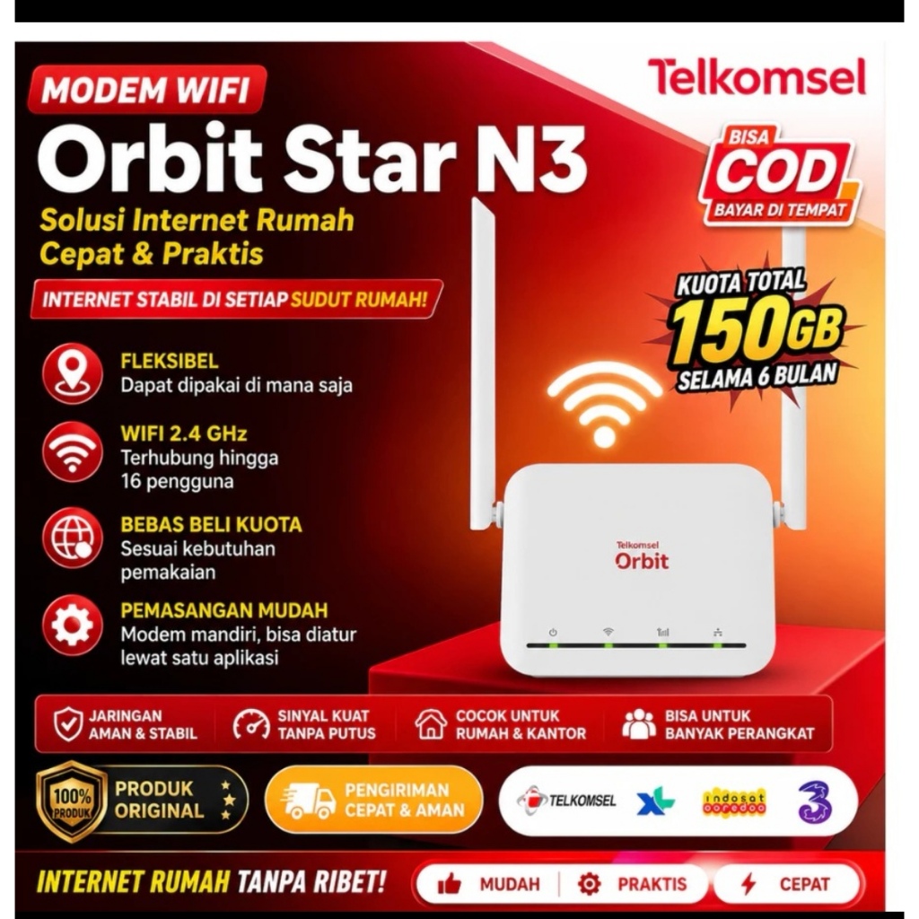Modem Wifi Telkomsel Orbit Star N3 Free Perdana Telkomsel Orbit 4G