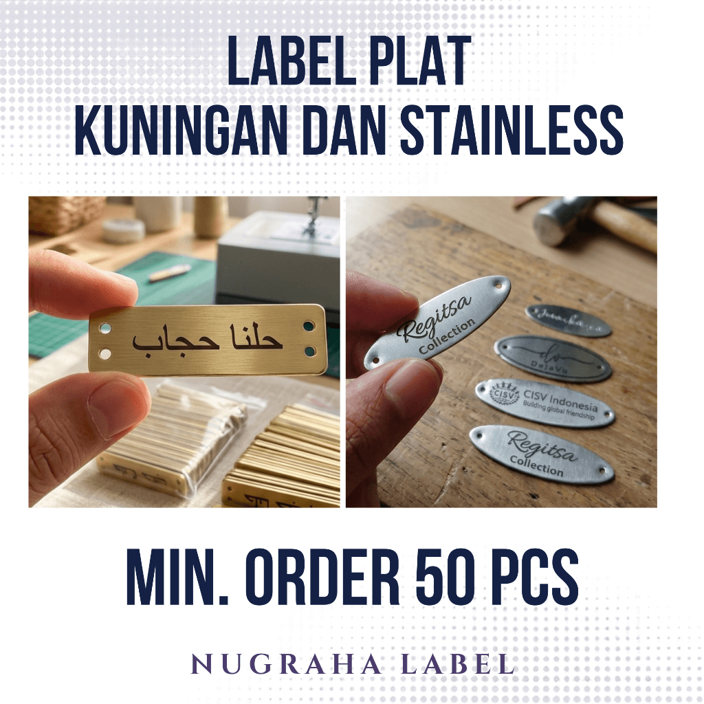 [ MINIM ORDER 50 PCS ] MERK LABEL Bahan Plat Stainless (Plat Besi) & Plat Kuningan Bisa untuk Jilbab