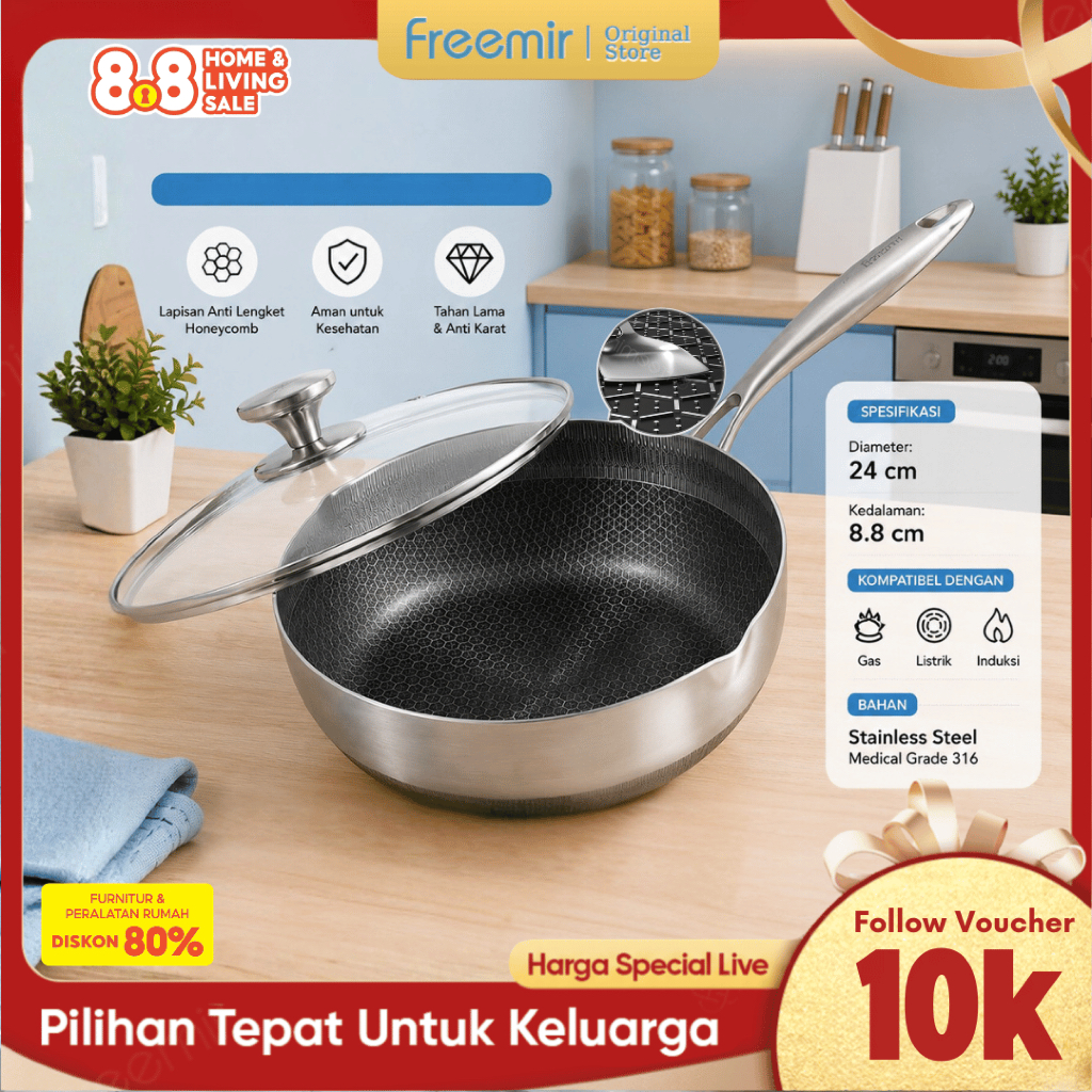 [HOT] freemir original Stainless Steel SUS 316 Honeycomb Wok Pan 24 cm Anti Lengket Premium
