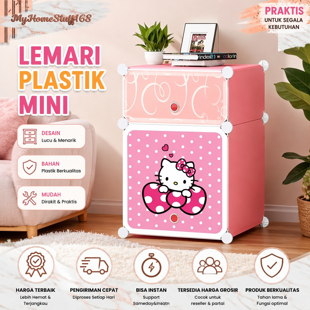 LEMARI SISI RANJANG PLASTIK / LEMARI PAKAIAN PORTABLE / LEMARI SERBA GUNA MINI HELLO KITTY,SHENAR