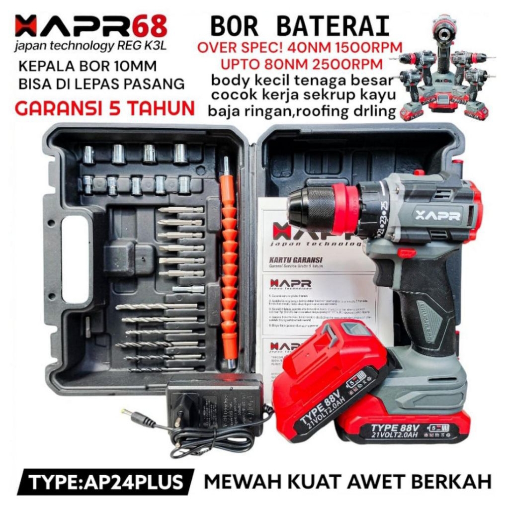 Bor Baterai Cordless APR JAPAN AP24+ - Mesin Brushless, Torsi Tinggi, Baterai Tahan Lama