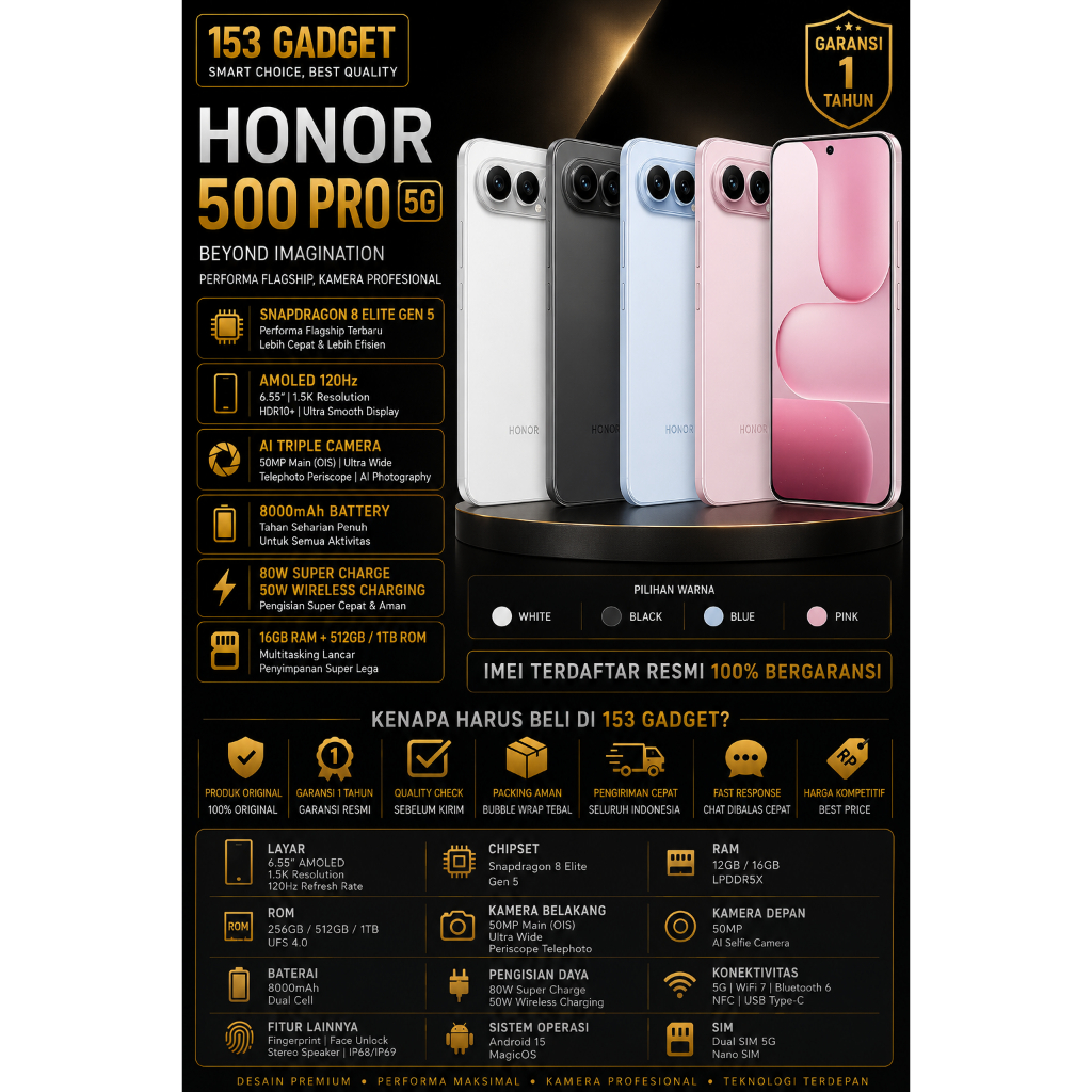 Honor 500 Pro 5G | Snapdragon 8 Elite Gen 5 | AMOLED 120Hz | AI Camera | NFC | Garansi 1 Tahun