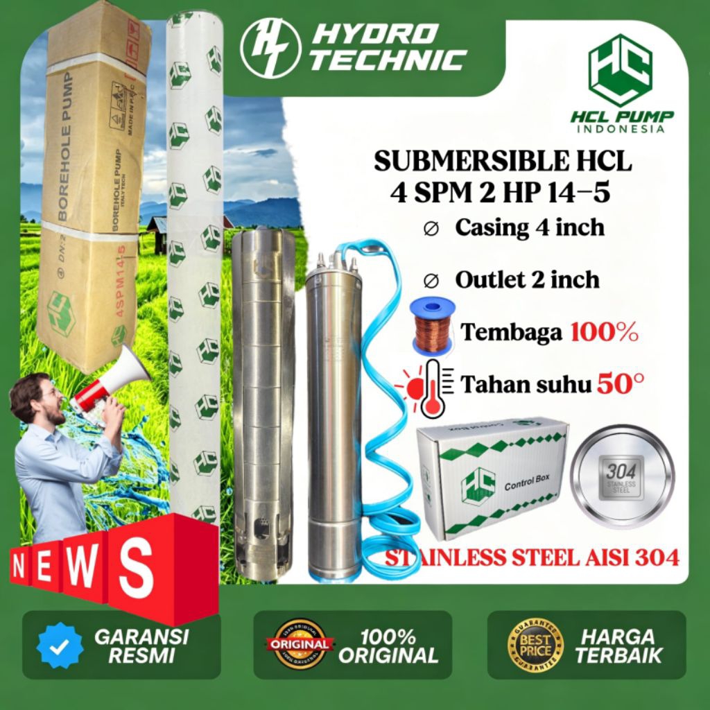 SUBMERSIBLE HCL 4 SPM 2 HP 14-5 OUTLET 2 INCH 1 PHASE ORIGINAL HCL