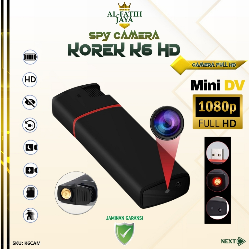 ALFATIHJAYA Kamera Spy K6 Korek Api Full HD 1080P No WiFi Mini Camera Perekam Video Support Micro SD