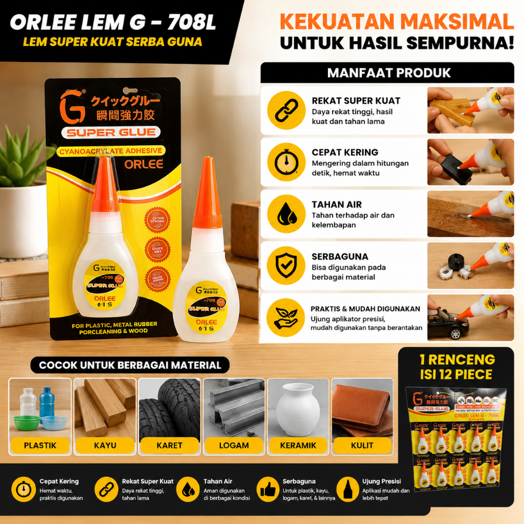 Grosir 1 Renceng isi 12 Pcs Pack Lem G Korea Orlee Instant Botol Lem Setan Super Kuat Glue Plastik Karet Besi Metal Logam Porcelain Kayu Sepatu Kulit Tas Mainan Untuk Semua industri Rumah Cepat Kering industri Cynoarcrylate Adhesive Kecil Simple 708L 5gr