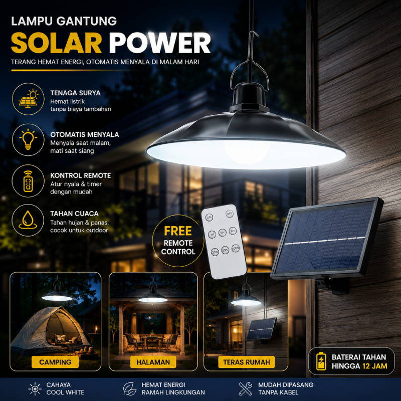 TaffLED Lampu Gantung Solar LED Outdoor 3 Mode Cahaya Waterproof Anti Air Tenaga Surya 400 Lumens de