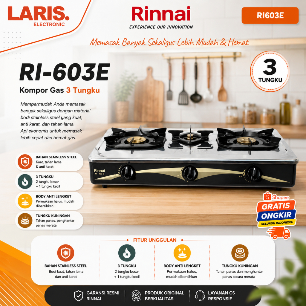 KOMPOR GAS 3 TUNGKU RINNAI RI 603 E/RI603E/RI603 E/RI 603E/RI-603E/RI-603 E /ORIGINAL RINNAI/GARANSI