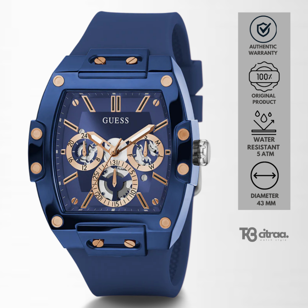 Jam Tangan Pria Guess Phoenix Chronograph Blue Rubber Sporty Casual Original GW0203G7