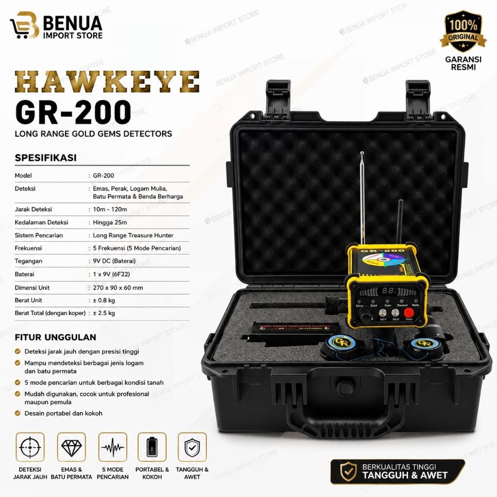 HAWKEYE GR-200 Long Range Gold Gem Diamond Treasure Detector Metal Detector Alat Pendeteksi Emas Ber