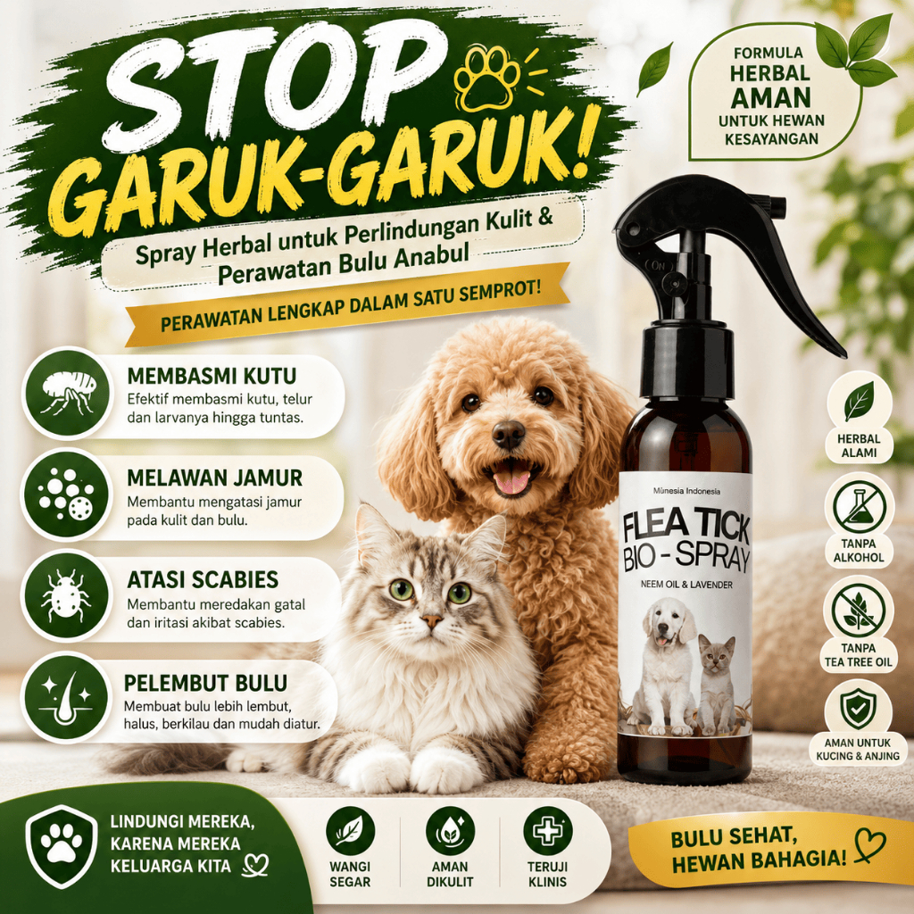 Spray Anti Kutu Kucing & Anjing Herbal Flea Tick Bio Spray Atasi Jamur, Scabies & Gatal | Neem Oil
