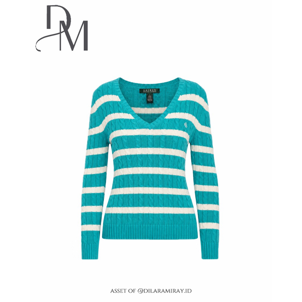 Lauren Ralph Lauren Cable Knit V Neck Stripe Sweater Pullover Mint - Rajut Kepang - Preppy Academia 