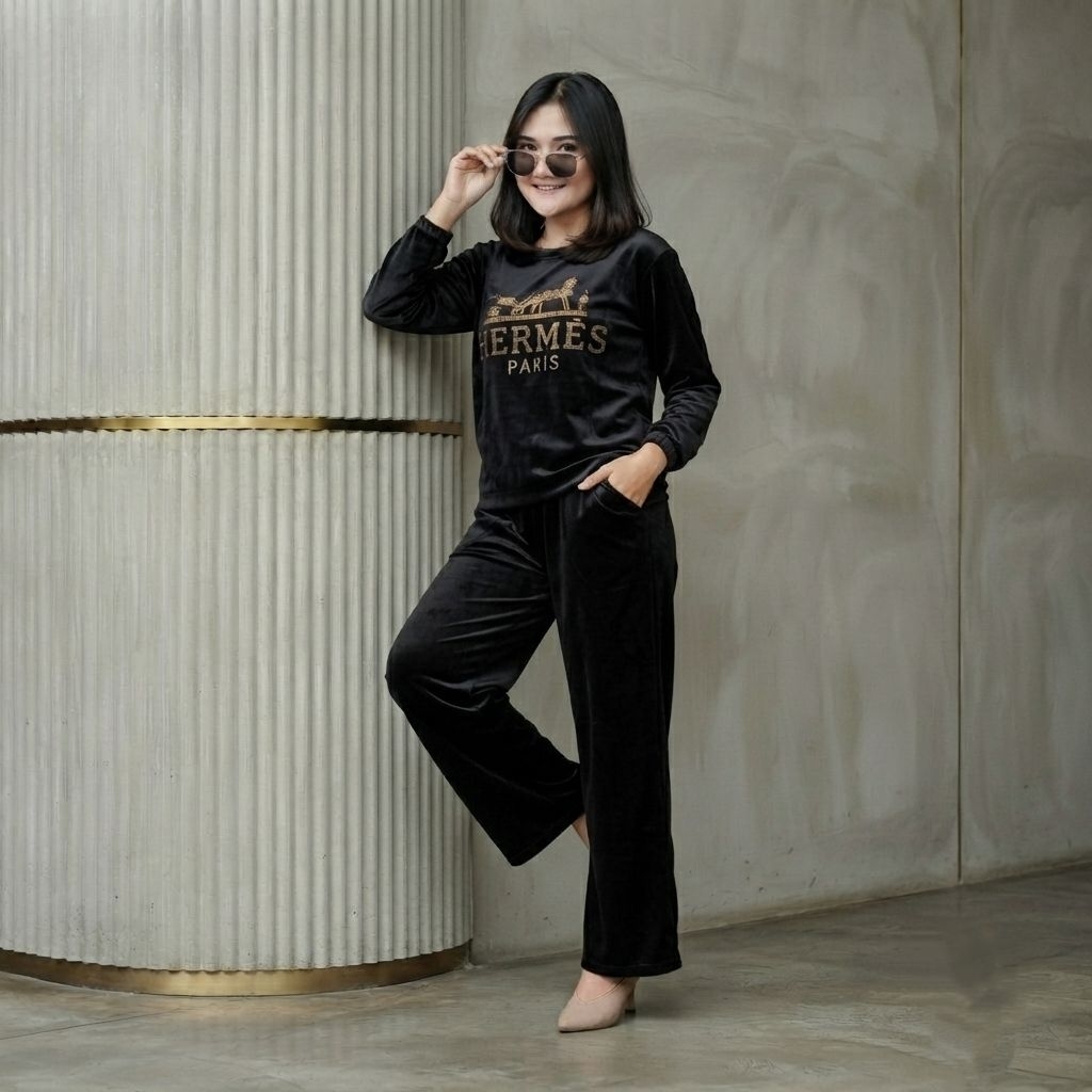 setcel bludru velvet model paris / setelan buludru velvet premium