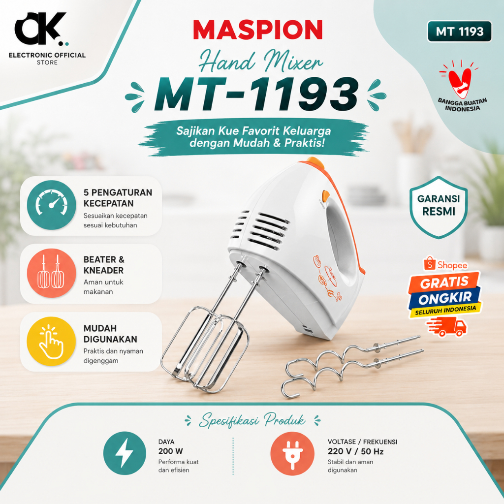 MASPION HAND MIXER MT 1193/MT1193/MT-1193/ MIXER TANGAN/MIXER ORIGINAL MASPION/GARANSI RESMI