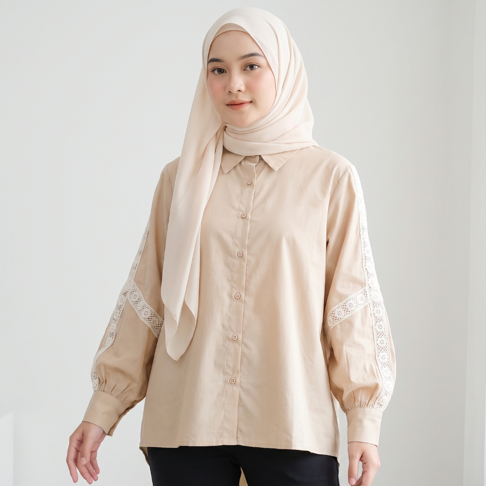 CHICMORE Kemeja Wanita Lengan Panjang Longgar | Warna Apricot/Black/Blue | Gaya Casual | Kemeja Rend