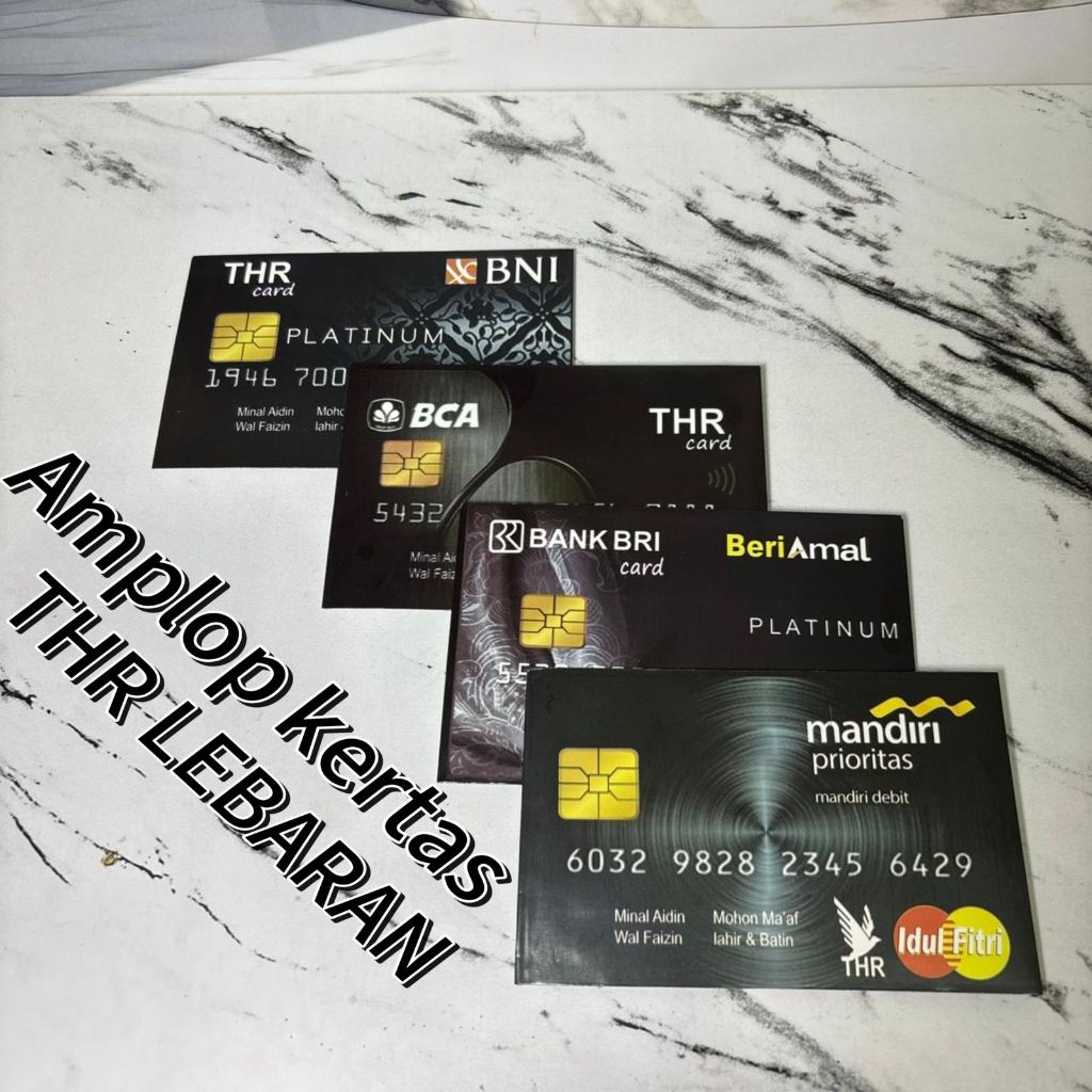 Amplop Kertas THR Lebaran Desain Kartu Debit Bank BNI, BCA, BRI, Mandiri Hitam