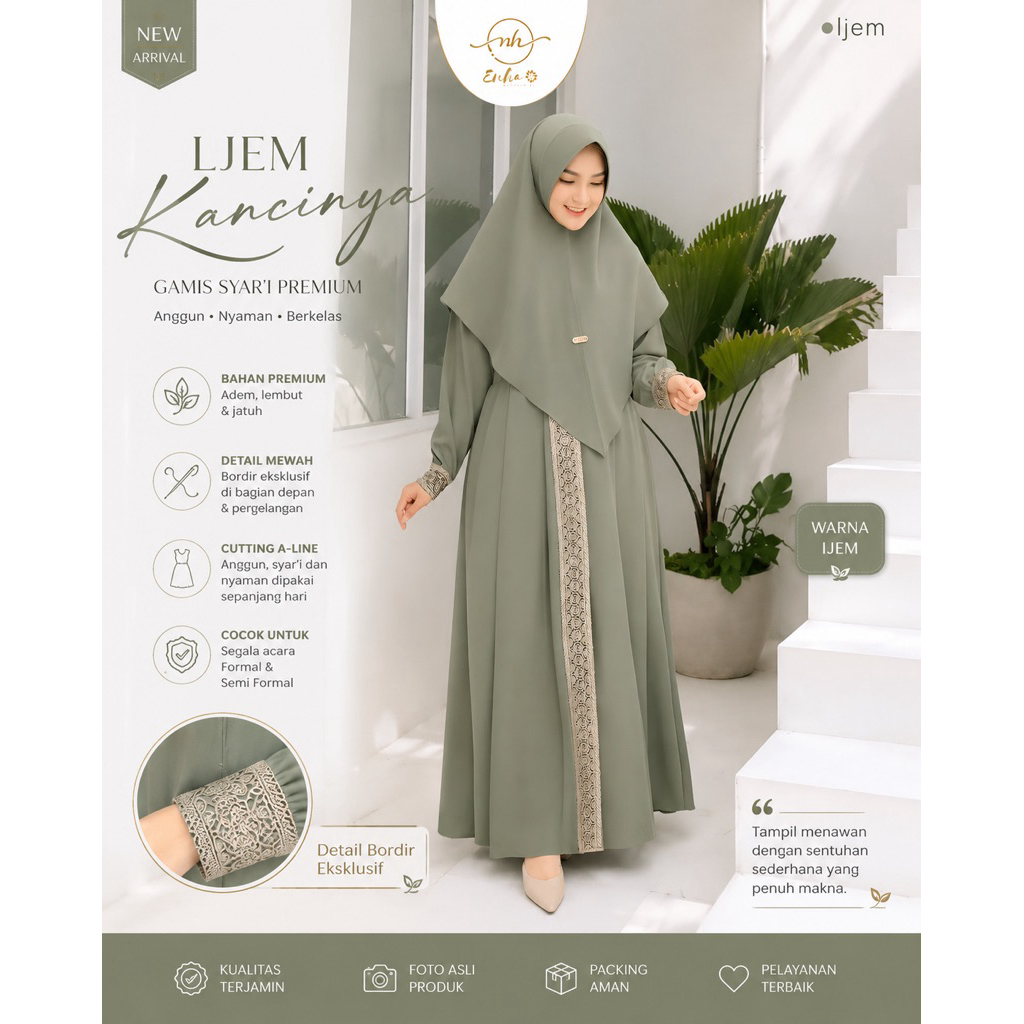 KANAYA SYARI - gamis plus hijab bahan shakila premium resleting depan ada sakunya aplikasi renda uku