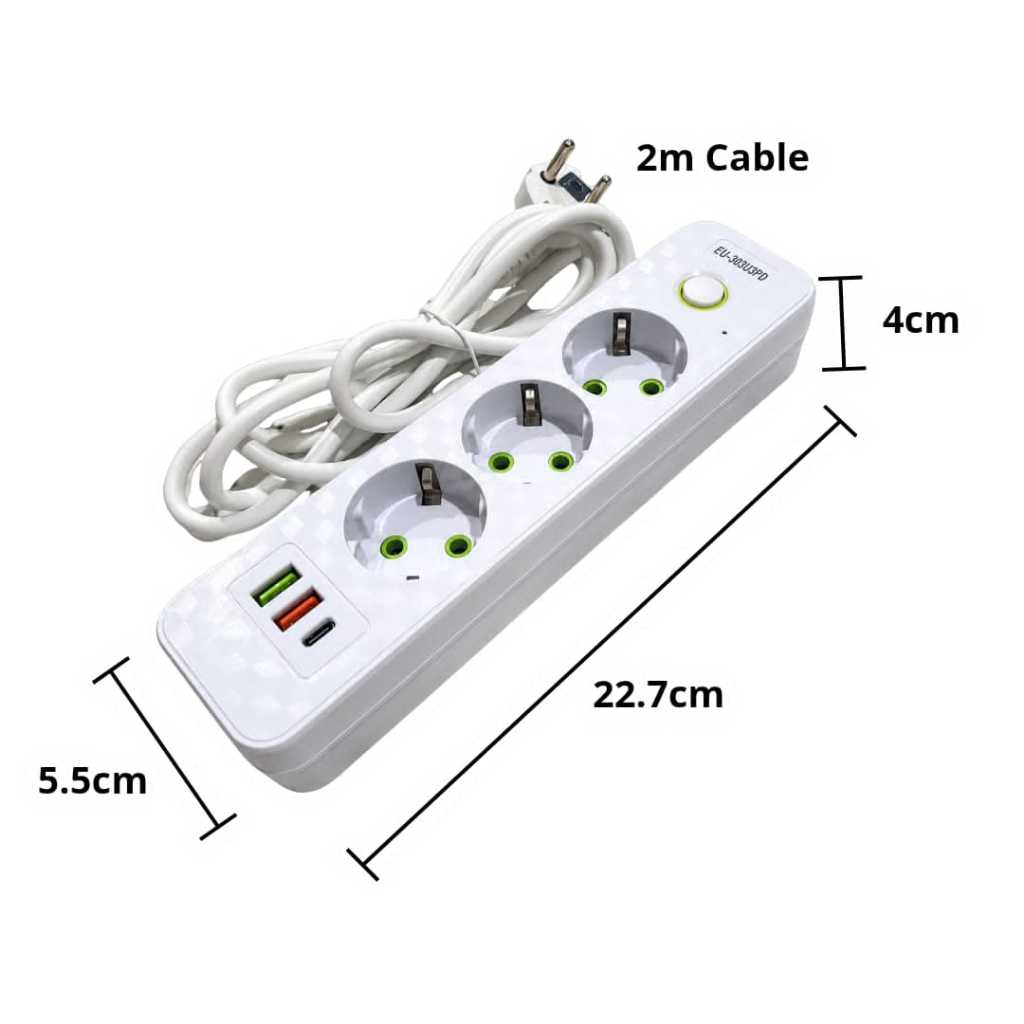 Stop Kontak Kabel 2m USB Power 2500W Socket Plug Saklar On/Off