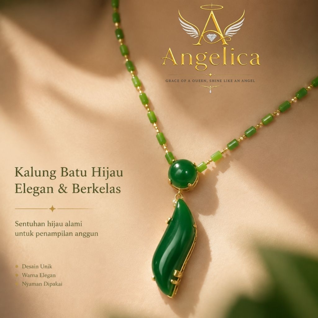 Kalung Giok Batu Hijau Elegan Model Liontin Daun | Aksesori Wanita Luxury Look Modern