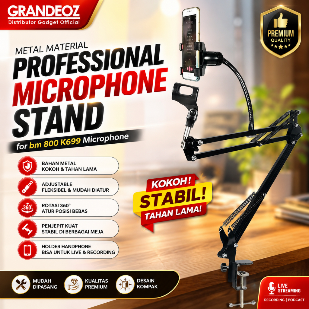 STAND PRO D6 Microphone Tripod Mic Penyangga Hp Mikrofon Arm Lazypod Holder Handphone Clamp Meja Jep