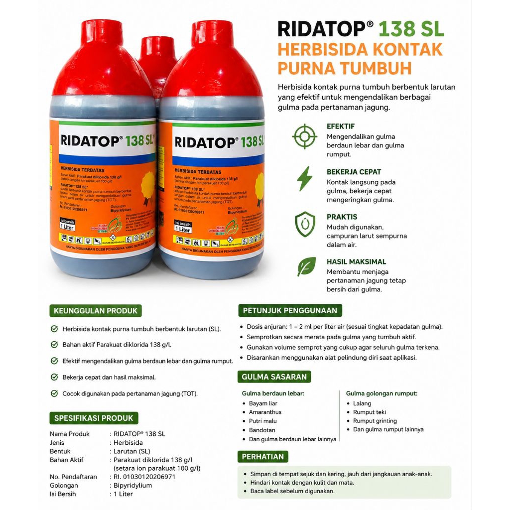 Herbisida Ridatop Parakuat diklorida 138 SL 1 liter - Herbisida kontak efektif kendalikan gulma pada