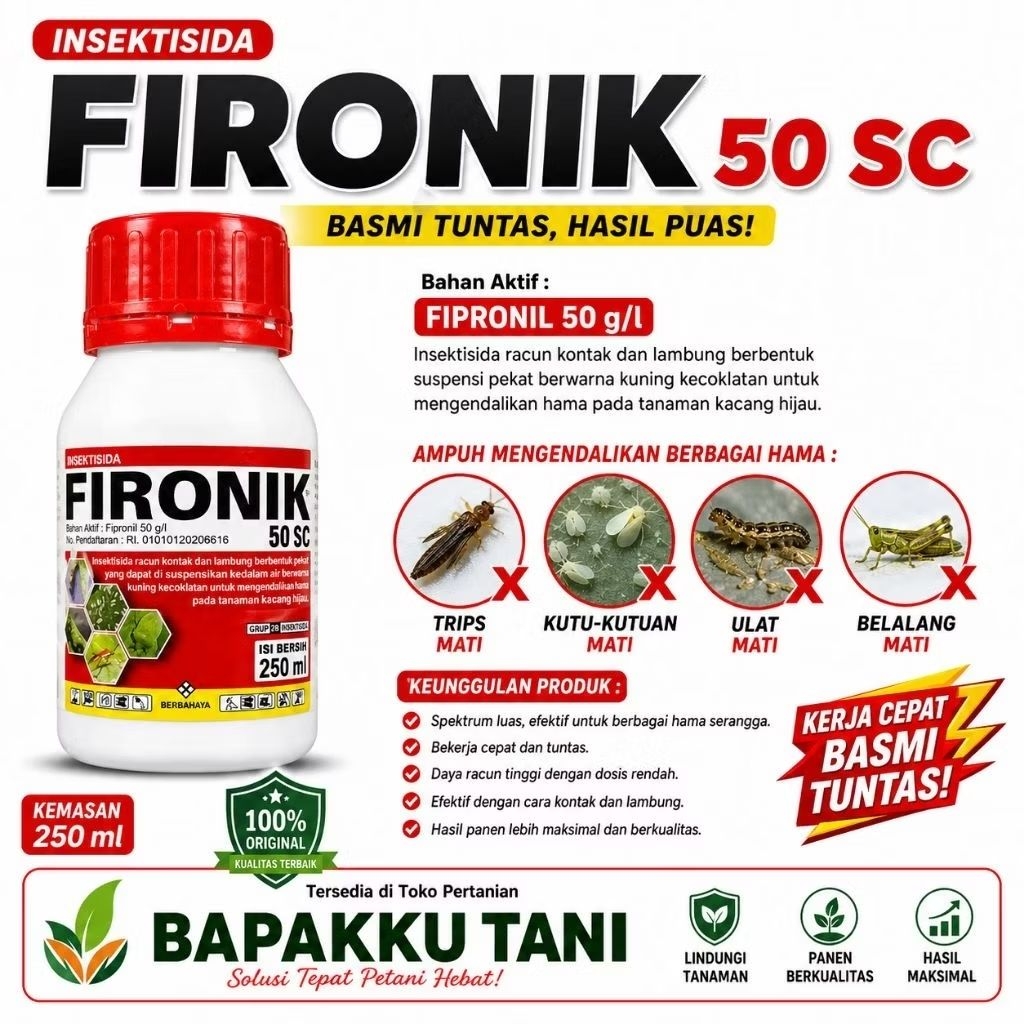 Fironik 50 SC/B.A Fipronil 50g/l.[ 250ml ] insektisida Mengatasi Ulat,Kutu2an,trips,dan belalang unt