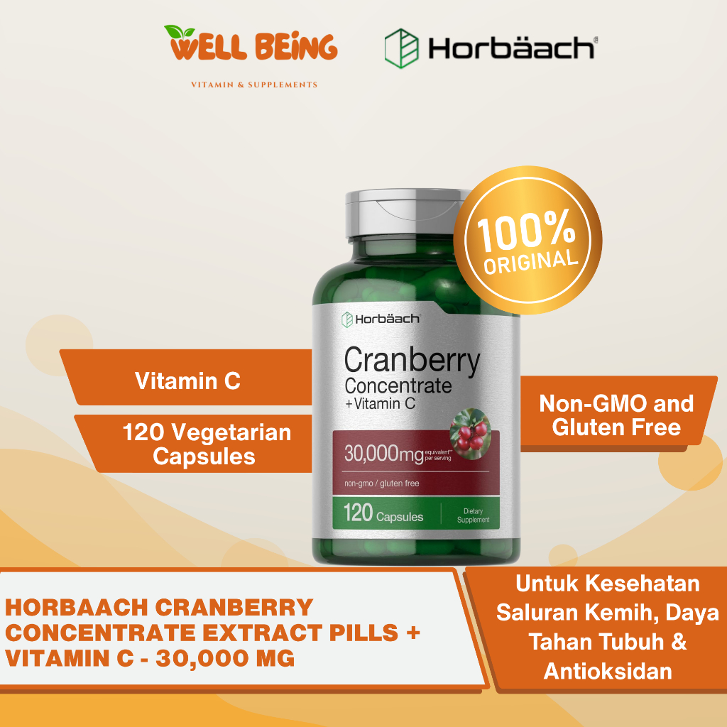 Horbaach Cranberry 120 Capsules | Cranberry Extract | Vitamin C | Suplemen Cranberry | Non GMO | Glu