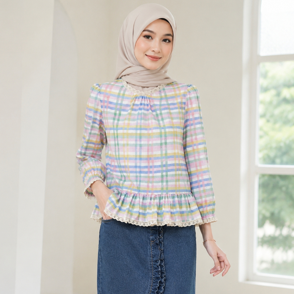 CHICMORE Kemeja Jumbo Wanita  Kerah Bulat Renda Motif Kotak Warna-warni Lengan Tiga Perempat Potonga