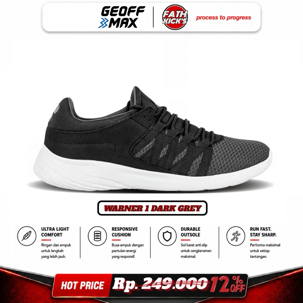 Sepatu Geoff Max Athletica Original - Warner 1 Dark Grey | Sepatu Olahraga Pria Wanita | Running Jog