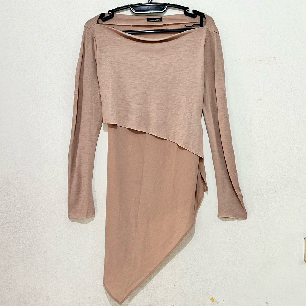 Zara W&B Asymmetrical Top - Milky Brown || Atasan branded semi dress wanita preloved lengan panjang 