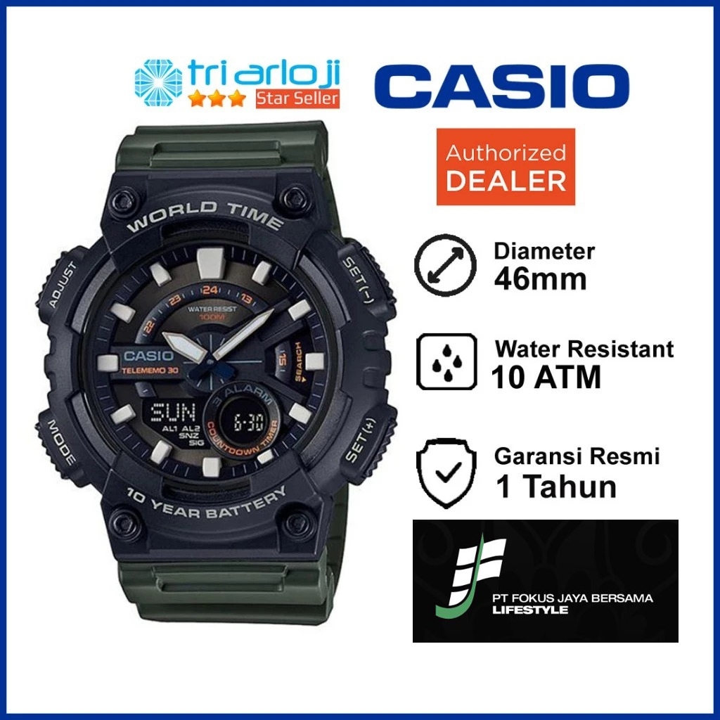 CASIO AEQ-110W-3AVDF Jam Tangan Pria Analog Digital Hijau Army AEQ110W AEQ-110W-3A