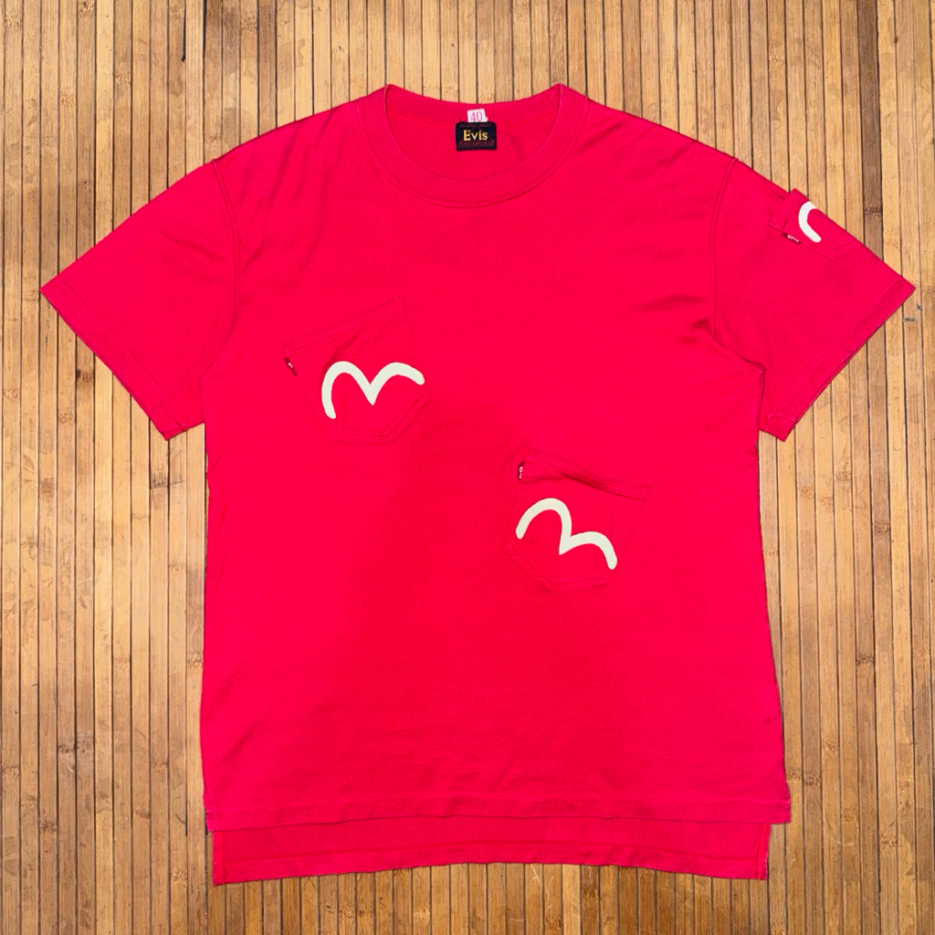 JAPANESE EVISU YAMANE DAICOCK RED MULTIPOCKET SELVEDGE SHORTS SLEEVE TSHIRT