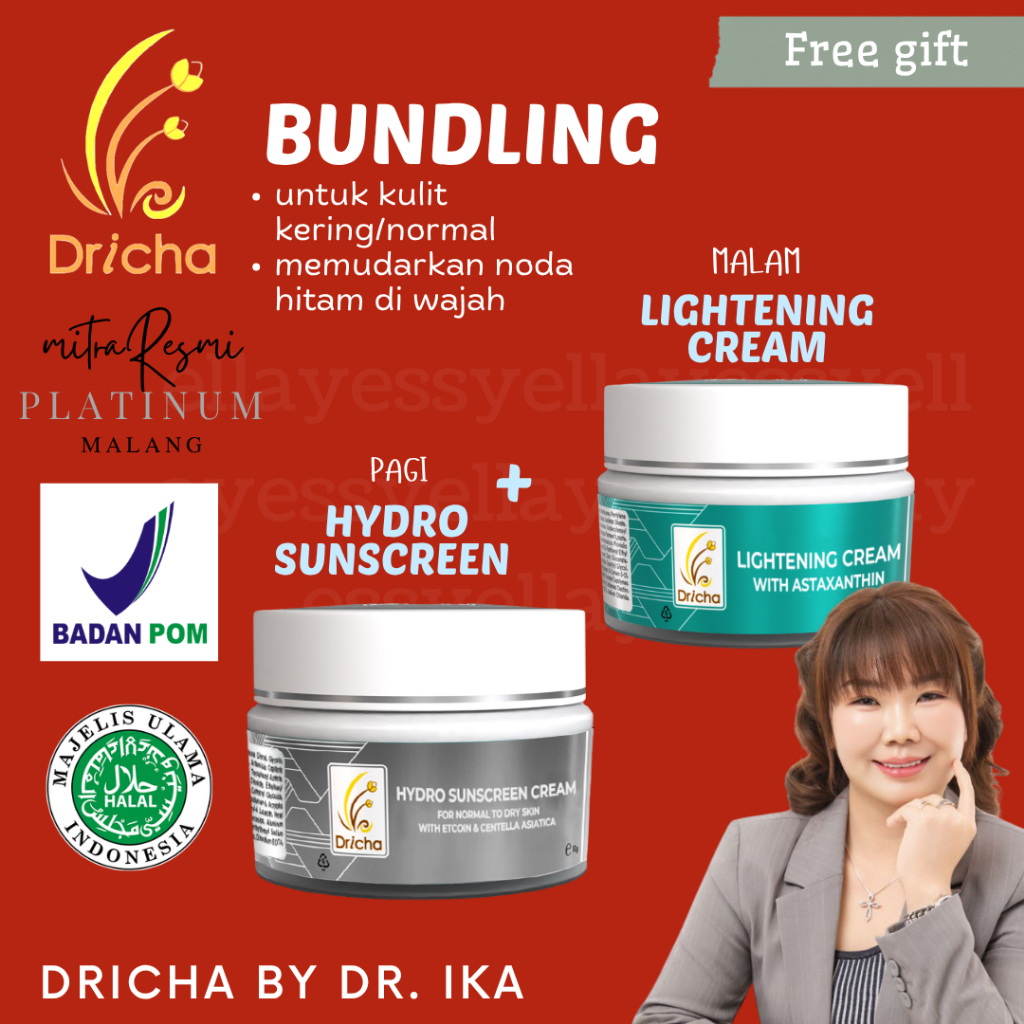 Dricha bundling hydro sunscreen+lightening cream( cream pagi malam membantu memudarkan flek)