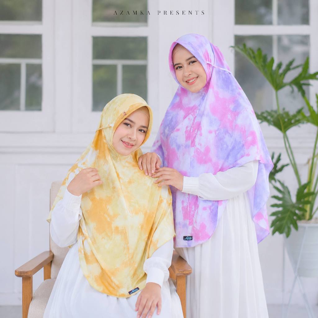 AZAMKA - Lyora Bergo - Jilbab Instan Jumbo Motif Printing Tiedye Cantik - Hijab Pad Antem Tali Nyama