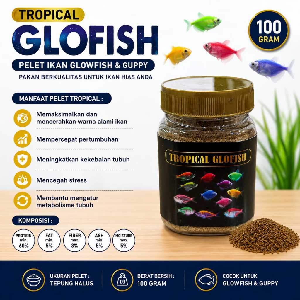 Pelet Ikan Tropical Glofish Makanan Ikan Hias Kecil Guppy Cupang Neon Tetra Molly 100 Gram Untuk Kes