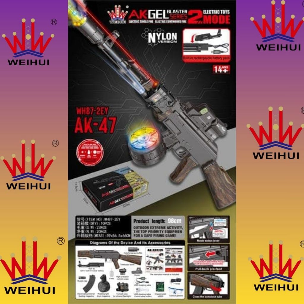WEIHUI SERIES 2 AK47 KAYU MAINAN VIRAL BISA BUNYI INFRA RED GUN LAMPU ASAP CHARGER