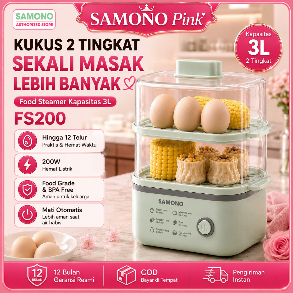 Food Steamer Elektrik 3 Liter 2 Tingkat Pengukus Makanan Stainless Steel
