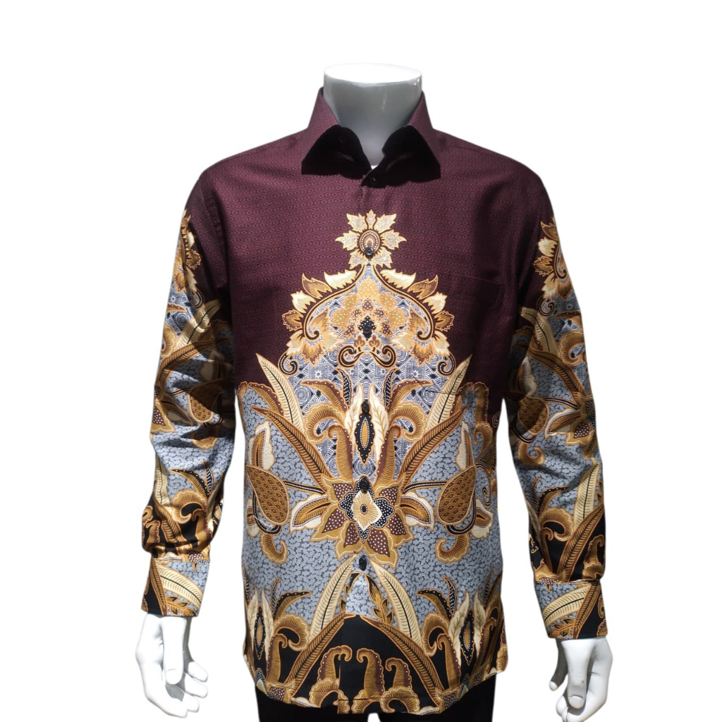 Alisan Kemeja Lengan Panjang Batik Kombinasi (10844) Maroon SlimFitt
