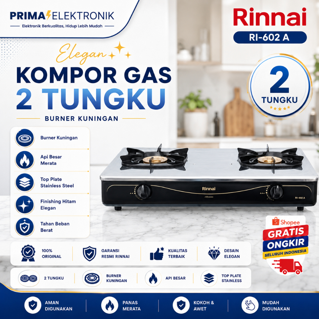 RINNAI KOMPOR GAS 2 TUNGKU RI602A KOMPOR RINNAI/RI 602A/RI-602A/RI 602 A/ORIGINAL RINNAI/GARANSI