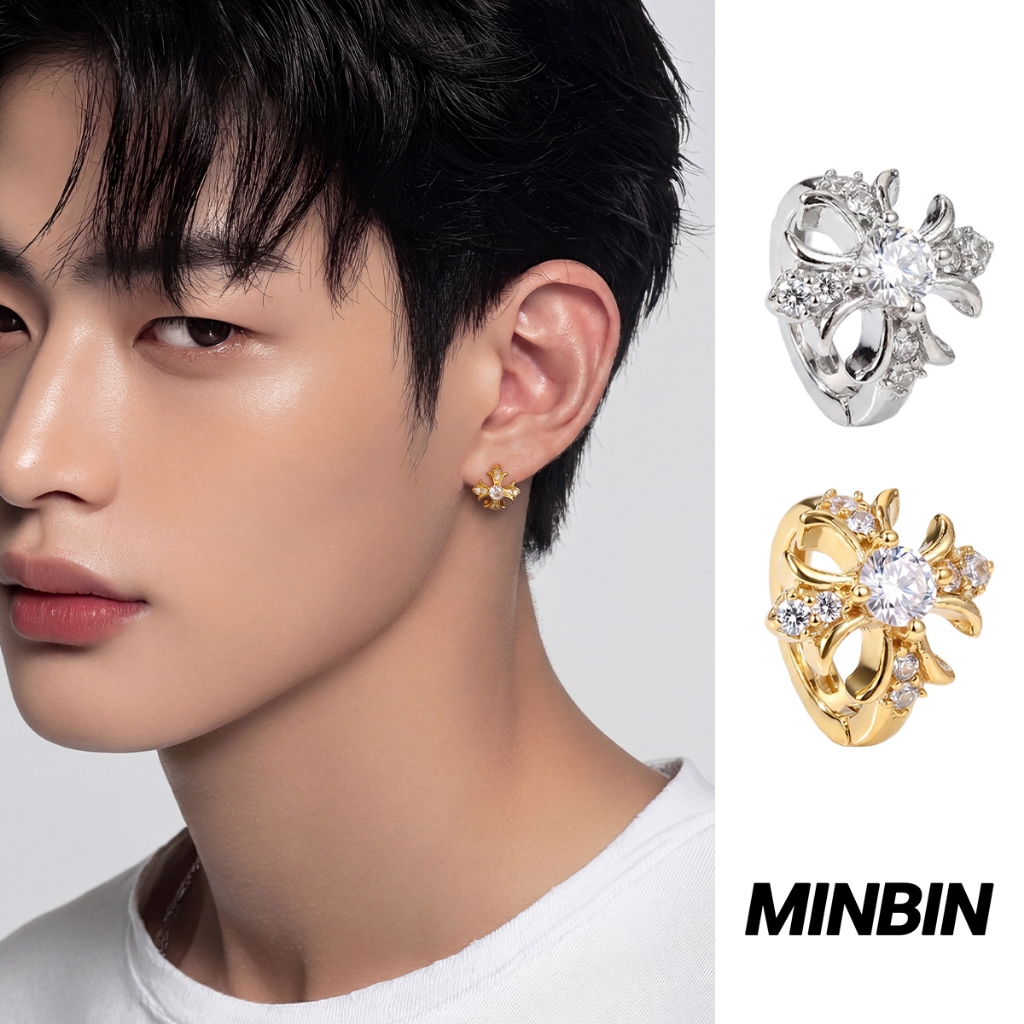 MINBIN Anting Hoop Pria Motif Salib Bunga Zirkon Putih Dua Warna Perak Emas Anti Karat Aksesoris Mew