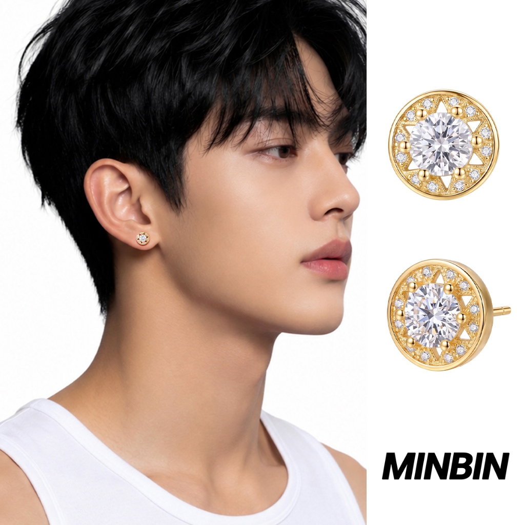 MINBIN Anting Tusuk Pria Bulat Matahari Zirkon Putih Warna Emas Titanium Steel Anti Karat Aksesoris 