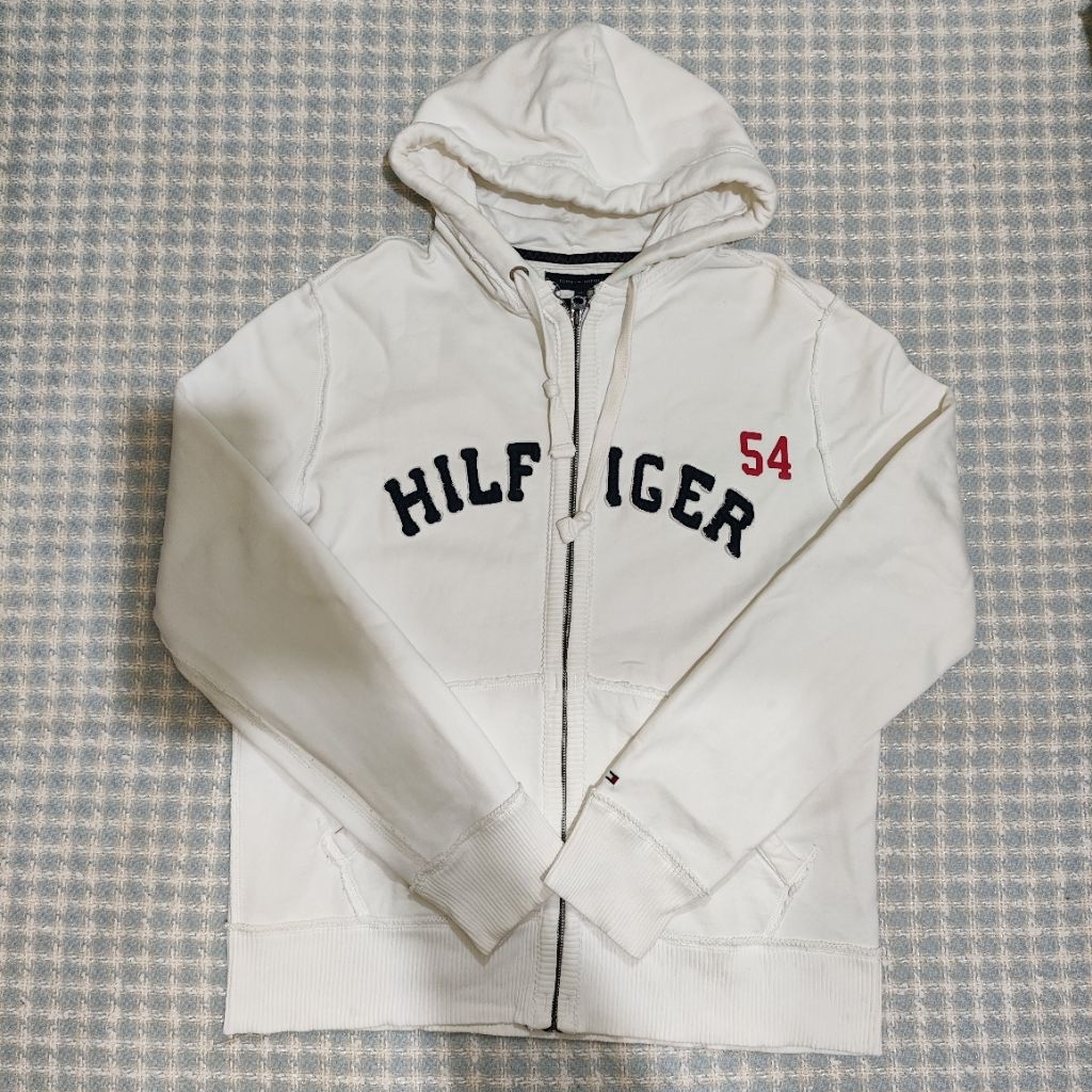 hoodie zipper pria tommy hilfiger putih size XL fit L cakep
