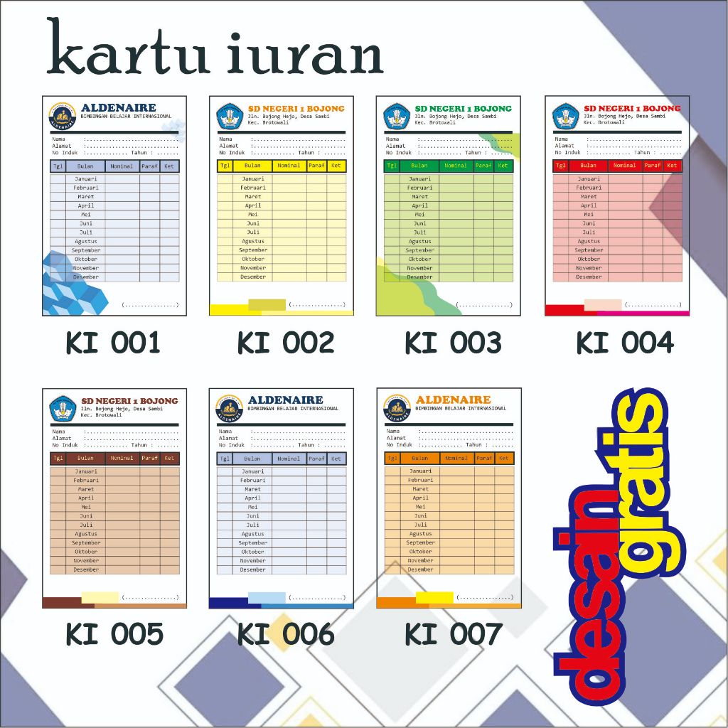 Cetak Kartu Iuran Sekolah | Arisan | Les | Iuran RT , RW | Organisasi