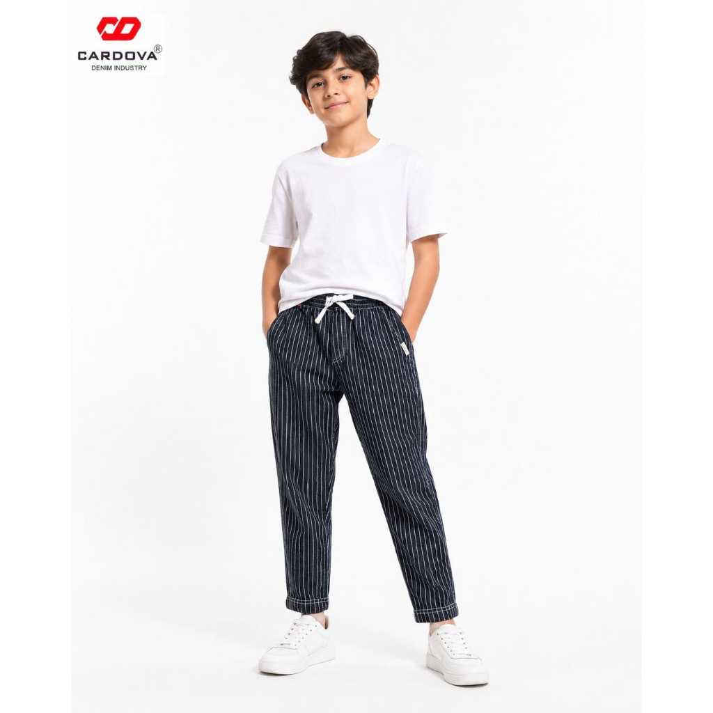Cardova Kids - Celana Panjang Anak Laki-Laki Remaja Garis Putih Hitam Model Tali Serut Kasual Usia 5